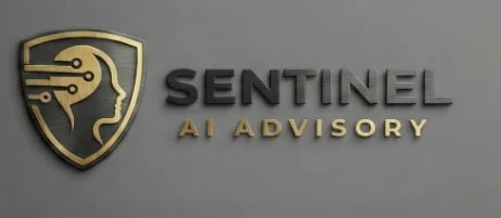 Sentinel AI Advisory logo featuring a gold and black shield with a stylized digital brain icon and company name